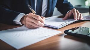 A middle-aged couple reviewing medical documents together at their kitchen table.