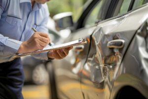 A driver reviews insurance papers beside a parked vehicle with a phone and official driving record.